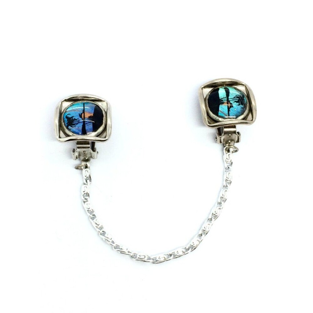 VINTAGE MORPHO BUTTERFLY Wing Sweater Guard Clip Silver Tone Tropical Island